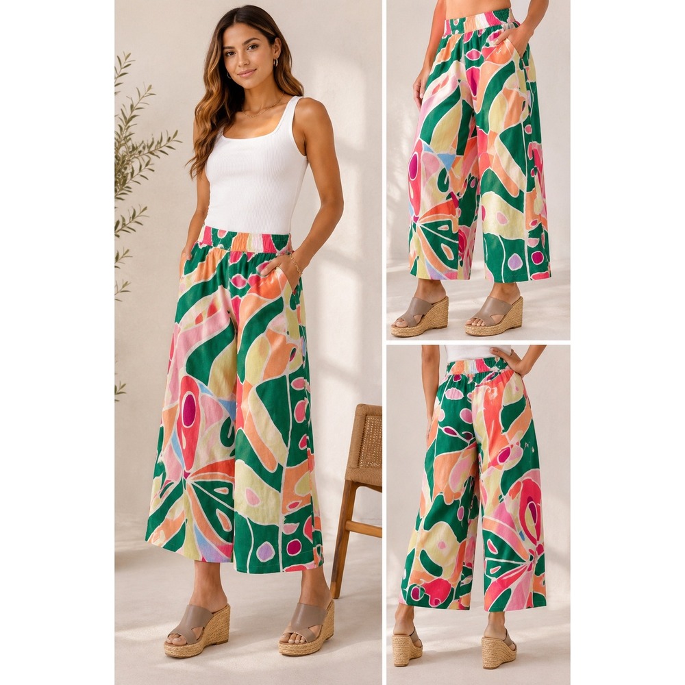 Christian Siriano New York 100% Linen Wide Leg Crop Pants Abstract Green Pink L